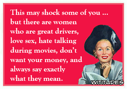 This may shock some of you but there are women who are great drivers love sex hate talking during movies dont want your money and always say exactly what they mean ecard