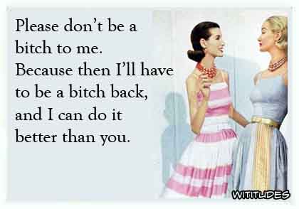 Please don't be a bitch to me. Because then I'll have to be a bitch back, and I can do it better than you ecard