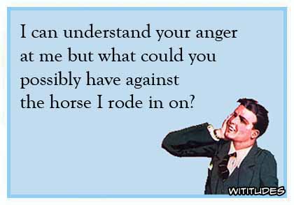 I can understand your anger at me but what could you possibly have against the horse I rode in on? ecard