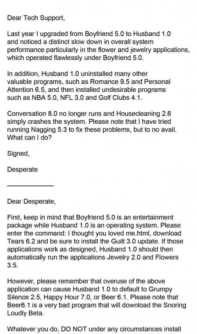 Dear Tech Support, last year I upgraded from boyfriend to husband 1.0