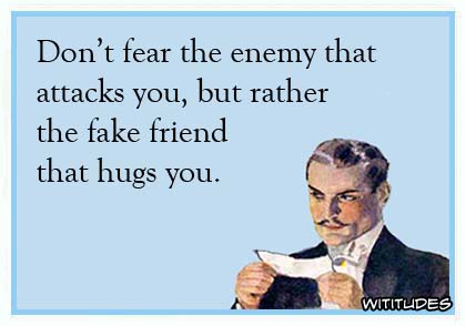Don't fear the enemy that attacks you, but rather the fake friend that hugs you ecard