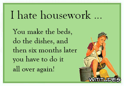 I hate housework make the beds do the dishes and then six months later have to do it all over again ecard