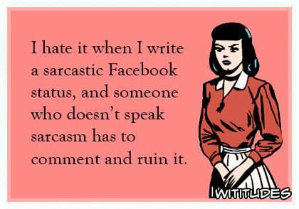 i hate when i write a sarcastic facebook status and someone who doesn't speak sarcasm has to comment and ruin it ecard