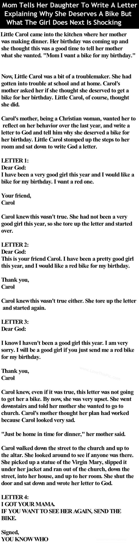 Mom tells her daughter to write a letter explaining why she deserves a bike but what the girl does next is shocking