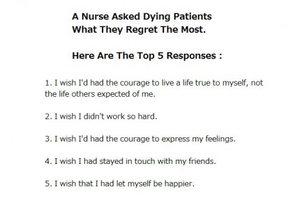 A nurse asked dying patients what they regret the most. Top 5 responses: