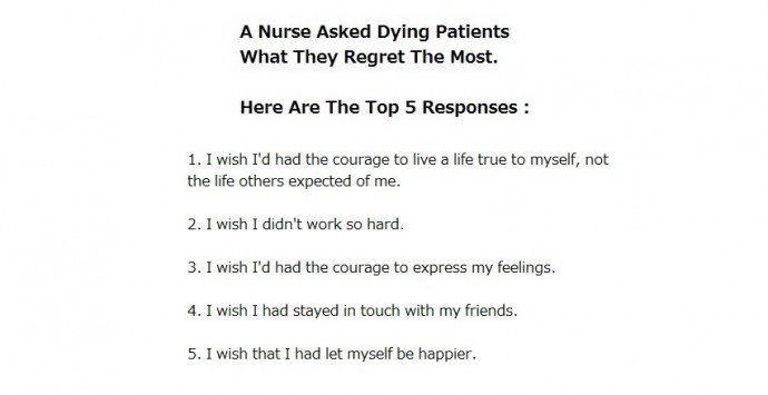 A nurse asked dying patients what they regret the most. Top 5 responses:
