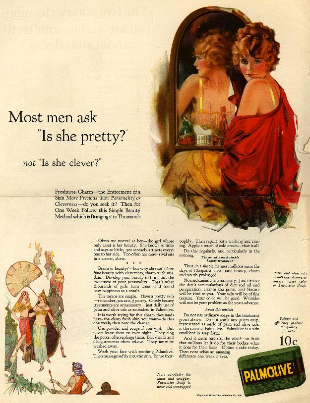 palmolive women looking in mirror men ask is she pretty not is she clever vintage ad
