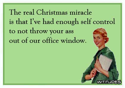 The real Christmas miracle is that I've had enough self control to not throw your ass out of our office window ecard