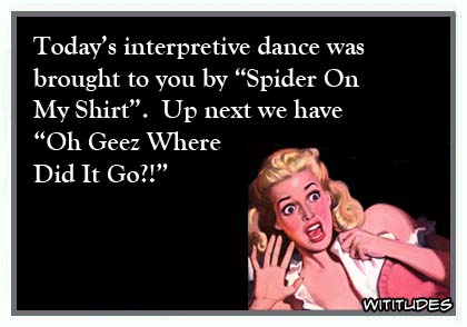 Today's interpretive dance was brought to you by 'Spider On My Shirt'. Up next we have 'Oh Geez Where Did It Go?' ecard