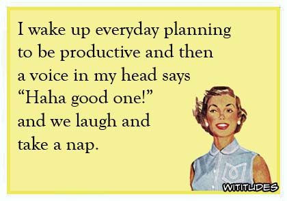I wake up everyday planning to be productive and then a voice in my head says 'Haha good one!' and we laugh and take a nap ecard
